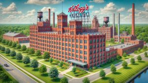 A detailed view of the historic Kellogg’s Cereal City USA building in Battle Creek, Michigan. The iconic red brick industrial-era architecture is surrounded by lush greenery, with a clear blue sky in the background. A must-see landmark reflecting the city’s deep-rooted cereal industry heritage.