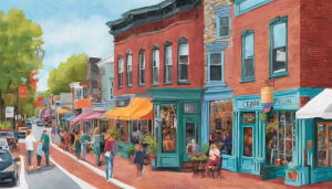 Colorful streets of Beverly, Massachusetts with people shopping and walking, showcasing local businesses and a vibrant community atmosphere.
