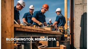Team of engineers and builders working on a construction site in Bloomington, Minnesota, wearing safety gear and showcasing teamwork in the booming construction industry.