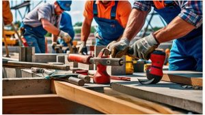 A detailed image of skilled construction workers using tools on-site in Brooklyn Park, emphasizing craftsmanship, reliability, and the role of bonding in ensuring project completion.
