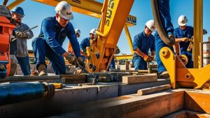 A group of construction workers actively building infrastructure in Brooklyn Park, Minnesota, symbolizing the city's development and the importance of performance bonds in public works.