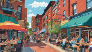 A scenic view of historic downtown Chelsea, Massachusetts, featuring a vintage clock tower, red-brick buildings, and cobblestone streets. The image showcases the town’s rich architectural heritage and community ambiance.