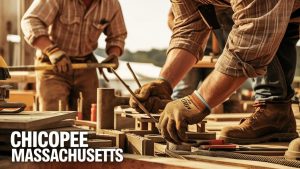 Close-up of skilled carpenters wearing gloves and plaid shirts, using precision tools to shape wooden structures. The image highlights hands-on craftsmanship in a construction site setting, with a focus on woodwork and structural assembly.