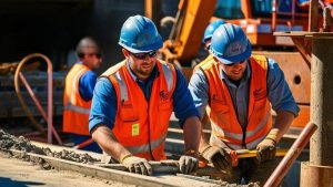 A group of construction workers in orange safety vests and blue helmets actively working on a construction site, smoothing concrete with tools. The scene captures a professional construction environment with heavy machinery in the background.