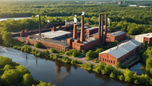 Aerial view of a historic red brick industrial factory with tall smokestacks near a river in Chicopee, Massachusetts. The image showcases the industrial heritage of the city, surrounded by lush greenery and a waterway.