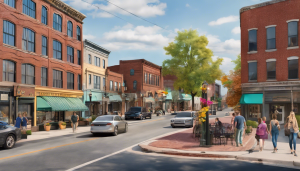 A lively street in downtown Chicopee, Massachusetts, featuring historic red brick buildings, local shops, outdoor café seating, and people enjoying a walkable cityscape. The scene reflects the charm and community atmosphere of this New England town.