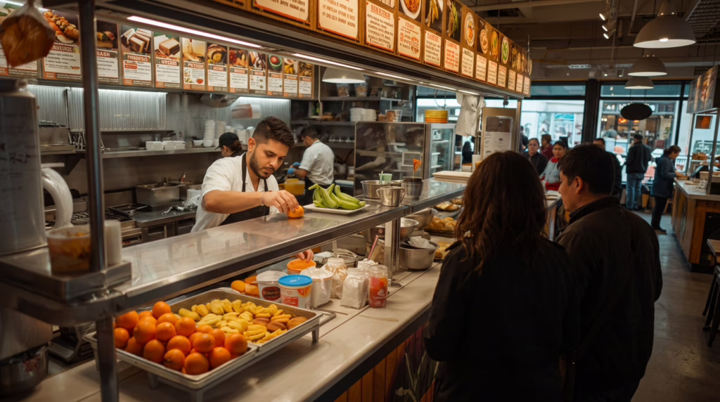 Concessionaire serving customers at a San Francisco food kiosk while operating under city concession agreement bond compliance requirements.