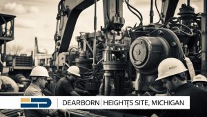 Dearborn Heights construction site with workers operating heavy machinery and industrial equipment. Engineers and technicians in hard hats managing a complex infrastructure project in Michigan.