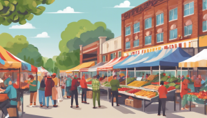 Vibrant farmers market in Dearborn Heights, Michigan, featuring fresh produce stands, local vendors, and a bustling community atmosphere under colorful tents.