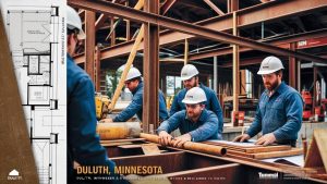 Engineers and construction workers assembling a steel structure at a worksite, with architectural blueprints displayed alongside, highlighting the development industry in Duluth, Minnesota.