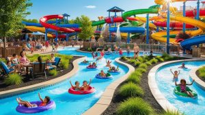 Families and children enjoying a sunny day at a vibrant water park in Eagan, Minnesota, featuring a lazy river, colorful water slides, and splash attractions.