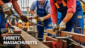 Construction workers collaborating on a project in Everett, Massachusetts, with close-up of their hands handling materials and tools.