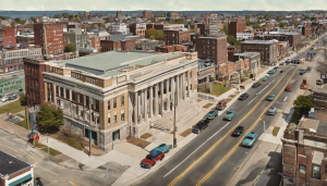 Aerial view of Everett, Massachusetts, showcasing the city’s downtown area with historical buildings and traffic on the streets.