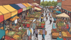 A busy market scene in Everett, Massachusetts, with people shopping at outdoor stalls filled with fresh fruits and vegetables.