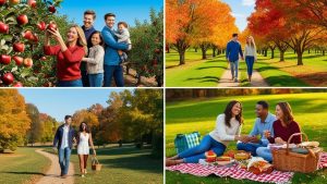 Families and couples enjoying apple picking, scenic autumn walks, and a picnic in Farmington Hills, Michigan. Experience vibrant fall foliage and outdoor recreation.