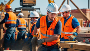 Hardworking construction workers in high-visibility vests and helmets building a new home in Farmington Hills, Michigan. Residential development in progress.