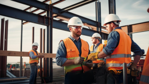 Construction crew in safety gear working on a steel structure in Farmington Hills, Michigan. Skilled professionals collaborating on a commercial building project.