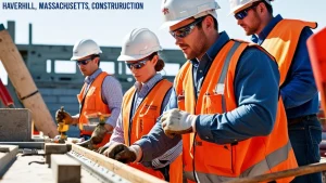 A team of construction workers wearing orange safety vests and hard hats, engaged in a construction project in Haverhill, Massachusetts. Highlights the city's growing infrastructure and skilled labor force.