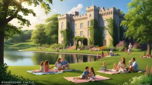 A scenic view of Winnekenni Castle in Haverhill, Massachusetts, surrounded by lush greenery and a tranquil lake, with families enjoying a sunny picnic. A historic landmark offering picturesque landscapes and cultural events.