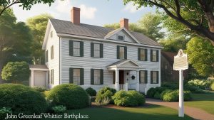 A beautifully preserved white colonial-style home with green shutters, marking the birthplace of poet John Greenleaf Whittier in Haverhill, Massachusetts. A historical attraction featuring well-manicured gardens and educational tours.