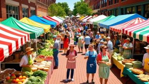 Vibrant farmers market in Kalamazoo, Michigan, featuring colorful tents, fresh produce, baked goods, and a lively crowd enjoying local shopping.