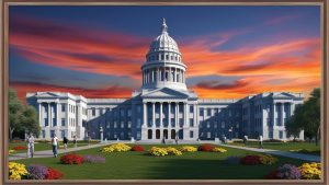 A stunning digital painting of a grand capitol building in Lansing, Michigan, set against a vibrant sunset sky. The well-maintained lawn and colorful flower beds add to the picturesque setting.