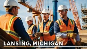 A group of construction workers in Lansing, Michigan, wearing safety gear and discussing project plans at an active construction site with cranes and scaffolding in the background.