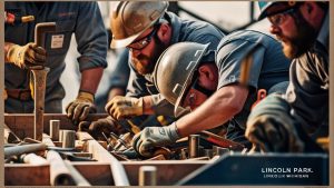 Construction workers in Lincoln Park, Michigan, wearing protective gear and focusing on a detailed project, symbolizing skilled labor and infrastructure development.