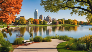 Scenic park in Lincoln Park, Michigan, featuring a lake, lush greenery, and a skyline in the background, showcasing the city’s natural beauty and outdoor recreation spaces.