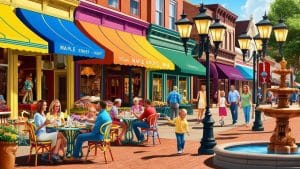 Vibrant downtown Maple Grove, Minnesota, featuring colorful storefronts, outdoor dining, and people enjoying a lively street scene.