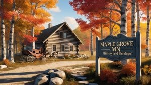 Rustic log cabin in Maple Grove, Minnesota, surrounded by autumn foliage, showcasing the city's rich history and heritage