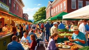  vibrant outdoor market in Malden, MA, featuring people enjoying fresh produce, local food stalls, and community gathering under green tents on a sunny day.