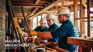 A group of engineers and builders in Malden, Massachusetts, working on-site with tools, safety glasses, and blue uniforms, focused on construction.