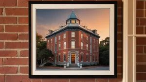 A framed picture of a historic red-brick building with elegant architecture, captured at sunset, hanging on a rustic brick wall.