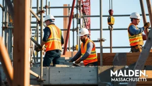 Hardworking construction crew in Malden, MA, wearing safety gear and helmets, engaged in a building project with scaffolding and cranes in the background.