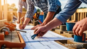 Close-up of contractors' hands working on detailed blueprints at a construction site in Marlborough, MA. This image represents project planning, engineering, and architectural development in the region.