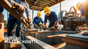 Close-up view of a construction team in Medford, Massachusetts, assembling materials and using tools on a job site, representing local development and skilled trades.