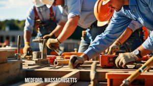 Construction workers in Medford, Massachusetts, working on a project site with industrial equipment, showcasing skilled labor and infrastructure development.