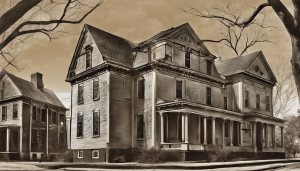 A historic Victorian-style home in Medford, Massachusetts, showcasing classic architecture, aged wooden details, and a nostalgic black-and-white aesthetic.