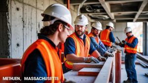 Group of construction workers in Methuen, Massachusetts, working on site with orange vests and safety helmets, collaborating on a project.