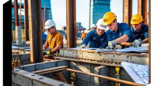 A group of construction workers wearing hard hats and safety gear reviewing blueprints at a job site in Minneapolis, Minnesota, with high-rise buildings in the background.