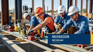 A group of engineers and skilled tradesmen working on a construction project in Muskegon, Michigan. The image showcases craftsmanship, teamwork, and the city’s industrial growth.