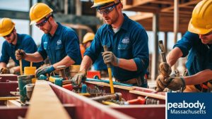 Peabody, Massachusetts construction site with workers using power tools and measuring equipment, wearing safety helmets and uniforms, contributing to a building project.