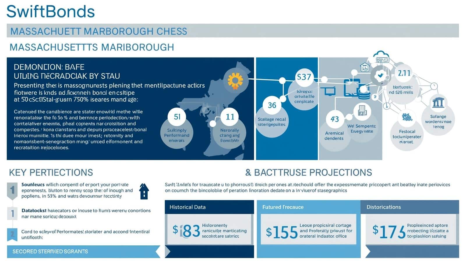 Blue and white infographic showing Marlborough project flowcharts, key performance indicators, and bond projections.
