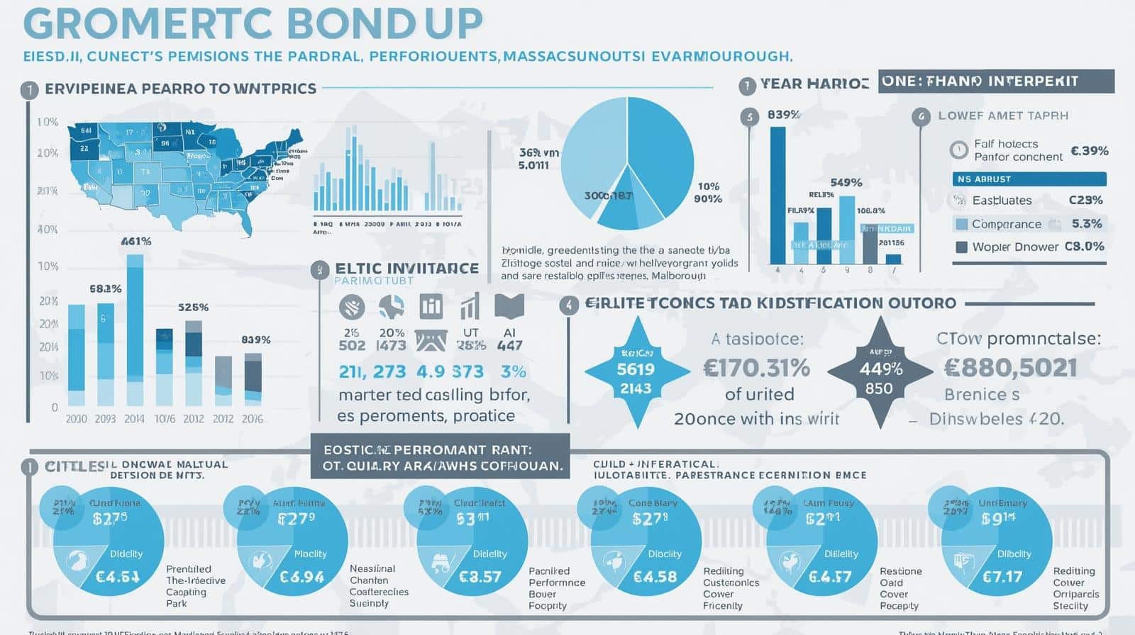 Light-blue infographic with U.S. map, pie charts, and bar graphs presenting Marlborough, Massachusetts performance bond data.