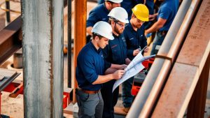 A group of engineers and construction professionals analyzing blueprints at a building site in Plymouth, MN, demonstrating precision and expertise in the local construction industry.