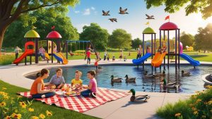 A lively park scene in Plymouth, MN, featuring children playing on colorful slides and swings near a pond with ducks. Families enjoy a picnic on a sunny day, creating a welcoming community atmosphere.
