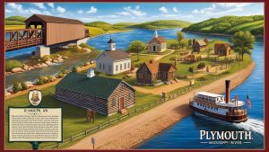 A beautifully illustrated depiction of early Plymouth, MN, showcasing log cabins, a covered bridge, a steamboat, and a small village along the Mississippi River, emphasizing the city's rich historical heritage.