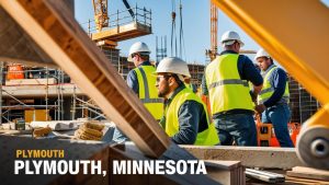A team of construction workers wearing hard hats and safety vests actively working on a building project in Plymouth, MN, highlighting the city's ongoing commercial and infrastructure development.