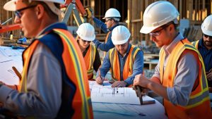 A group of construction professionals wearing safety gear and hard hats, reviewing blueprints at an active construction site in Revere, Massachusetts. A dedicated team ensuring structural integrity and project success.